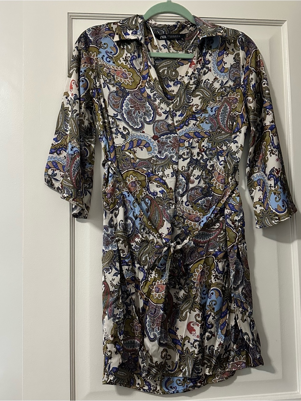 Zara Paisley Tunic Dress Tie Front in Satin White, Blue, Olive & Brown sz XS